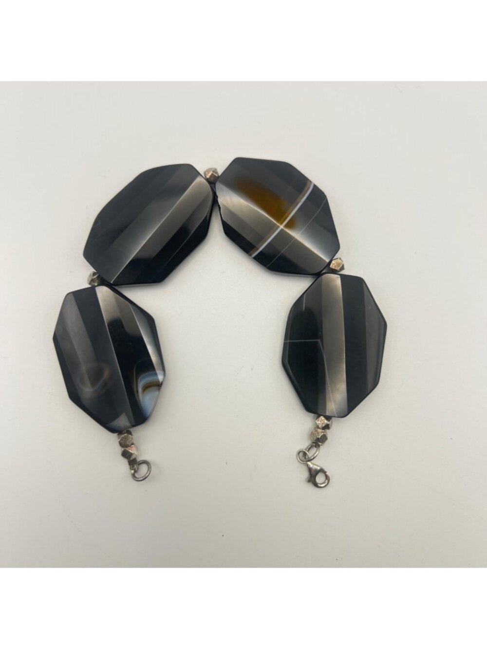 Faceted Black Banded Agate Bracelet Sterling Silver Statement Geometric 6.25"